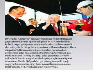 1994-cü ildə Azərbaycan özünün yeni iqtisadi və neft strategiyası
çərçivəsində dünyanın aparıcı neft şirkətləri ilə Xəzər dənizinin
karbohidrogen yataqlarının mənimsənilməsivə hasil olunan neftin
alternativ yollarla dünya bazarlarına ixrac edilməsi sahəsində ,,Əsrin
müqaviləsi’’adlanan çoxtərəfli saziş imzaladı.Regionun bəzi
dövlətlərinin ciddi müqavimətinə baxmayaraq,Azərbaycan qısa
müddətdə xarici tərəfdaşlarla birgə ciddi geoiqtisadi layihələr
reallaşdırdı,Xəzərin zəngin karbohidrogen yataqlarının müştərək
istismarının,Cənubi Qafqazda bir çox nəhəng transmilli enerji,
nəqliyyat-kommunikasiya layihələrinin reallaşdırılmasının əsas
təşəbbüskarına və hərəkətverici qüvvəsinə çevrildi.
 