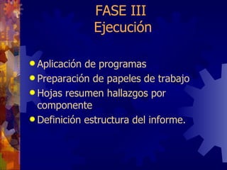 FASE III  Ejecución Aplicación de programas Preparación de papeles de trabajo Hojas resumen hallazgos por componente Definición estructura del informe. 