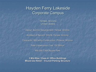 Hayden Ferry LakesideCorporate CampusTempe, ArizonaUnited States Owner: SunCor Development, Tempe, Arizona Architect of Record: DAVIS, Tempe, Arizona Contractor: McCarthy Construction, Phoenix, Arizona Total Construction Cost: 150 Million 950,000 Total Square Feet 3 Mid-Rise ‘Class A’ Office Buildings Mixed Use Retail – 8-Level Parking Structure 