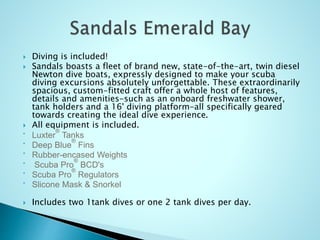  Diving is included!
 Sandals boasts a fleet of brand new, state-of-the-art, twin diesel
Newton dive boats, expressly designed to make your scuba
diving excursions absolutely unforgettable. These extraordinarily
spacious, custom-fitted craft offer a whole host of features,
details and amenities-such as an onboard freshwater shower,
tank holders and a 16' diving platform-all specifically geared
towards creating the ideal dive experience.
 All equipment is included.
• Luxter
®
Tanks
• Deep Blue
®
Fins
• Rubber-encased Weights
• Scuba Pro
®
BCD's
• Scuba Pro
®
Regulators
• Slicone Mask & Snorkel
 Includes two 1tank dives or one 2 tank dives per day.
 