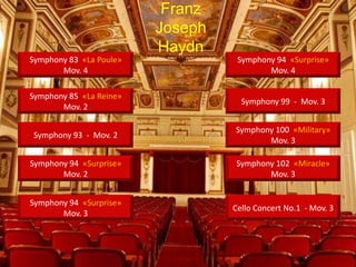 Symphony 83 «The Hen»
Mov. 4
Symphony 85 «The Queen»
Mov. 2
Symphony 93 - Mov. 2
Symphony 94 «Surprise»
Mov. 2
Symphony 94 «Surprise»
Mov. 3
Symphony 94 «Surprise»
Mov. 4
Symphony 99 - Mov. 3
Symphony 100 «Military»
Mov. 3
Symphony 102 - Mov. 3
Cello Concert No.1 - Mov. 3
Franz
Joseph
Haydn
 