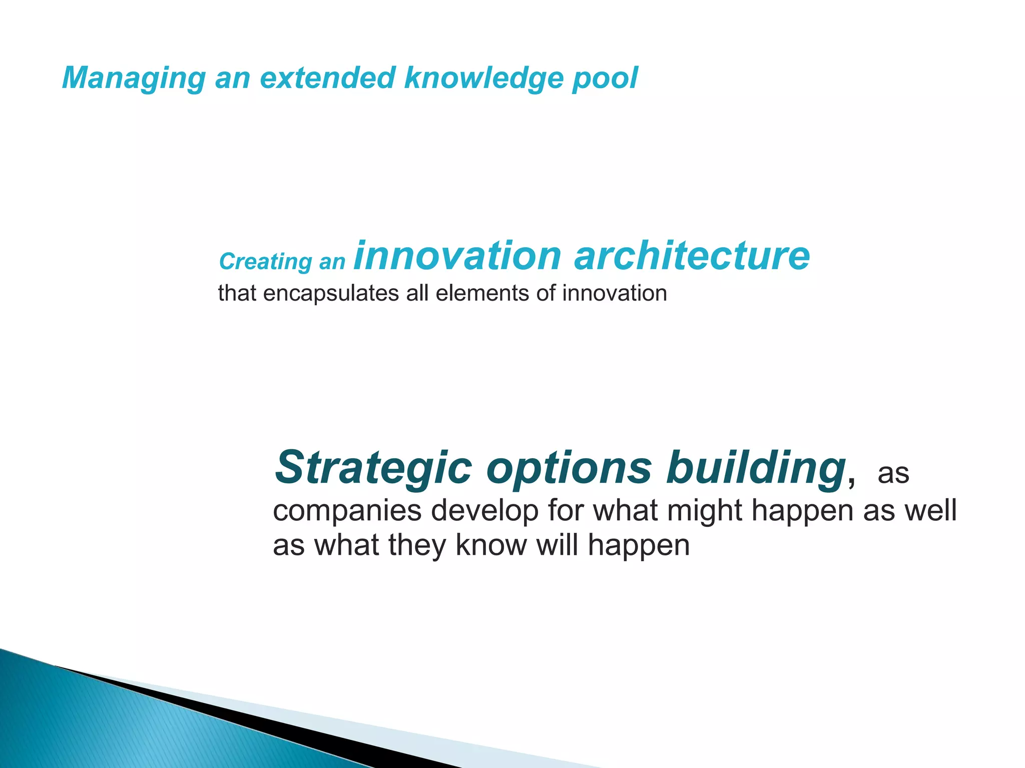 Managing an extended knowledge pool




         Creating an  innovation architecture
         that encapsulates all elements of innovation




              Strategic options building,              as
              companies develop for what might happen as well
              as what they know will happen
 