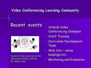 Video Conferencing Learning Community Schools Video Conferencing Champion  Staff Training Curriculum Development Team Web Site – online bookings etc. Monitoring and Evaluation Haydock City Learning Centre  Garswood Primary School St. Helens LEA Recent  events  