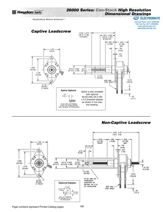 Page numbers represent Printed Catalog pages 
26000 Series: Can-Stack High Resolution 
Dimensional Drawings 
127 
HaydonKerk Motion SolutionsTM • 
Captive Leadscrew 
Sold  Serviced By: 
Non-Captive Leadscrew 
Optional Adapter 
Spline is also available 
with optional 
#4-40 UNC-2A or M3 
x 0.5 threaded adapter 
as shown in non-cap-tive 
drawing. 
Spline Options 
ELECTROMATE 
Toll Free Phone (877) SERVO98 
Toll Free Fax (877) SERV099 
www.electromate.com 
sales@electromate.com 
 