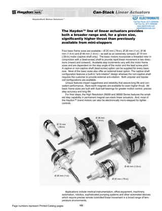 Sold  Serviced By: 
The Haydon™ line of linear actuators provides 
both a broader range and, for a given size, 
significantly higher thrust than previously 
available from mini-steppers 
Page numbers represent Printed Catalog pages 
Can-Stack Linear Actuators 
103 
HaydonKerk Motion SolutionsTM •  
Four basic frame sizes are available – Ø 20 mm (.79-in), Ø 26 mm (1-in), Ø 36 
mm (1.4-in) and Ø 46 mm (1.8-in) – as well as an extremely compact, Ø 15 mm 
(.59-in) motor (captive shaft only). The basic motors incorporate a threaded rotor in 
conjunction with a (lead-screw) shaft to provide rapid linear movement in two direc-tions 
(inward and outward). Available step increments vary with the motor frame 
sizes and are dependent on the step angle of the motor and the lead screw pitch. 
A captive or non-captive shaft (lead-screw) option can be supplied for every basic 
size. Most of the basic sizes also offer an external linear option. The captive shaft 
configuration features a built-in “anti-rotation” design whereas the non-captive shaft 
requires the customer to provide external anti-rotation. Both unipolar and bipolar 
coil configurations are available. 
Unique features impart ruggedness and reliability that assure long life and con-sistent 
performance. Rare earth magnets are available for even higher thrust. All 
basic frame sizes are built with dual ball bearings for greater motion control, precise 
step accuracy and long life. 
For finer steps, the High Resolution 26000 and 36000 Series features the small-est 
step capability in permanent magnet can-stack linear actuators. And, most of 
the Haydon™ brand motors can also be electronically micro-stepped for tighter 
controls. 
Applications include medical instrumentation, office equipment, machinery 
automation, robotics, sophisticated pumping systems and other automated devices 
which require precise remote controlled linear movement in a broad range of tem-perature 
environments. 
Ø 20 mm (.79-in) 
Ø 26 mm (1-in) 
Ø 36 mm 
(1.4-in) 
Ø 46 mm (1.8-in) 
Ø 15 mm 
(.59-in) 
ELECTROMATE 
Toll Free Phone (877) SERVO98 
Toll Free Fax (877) SERV099 
www.electromate.com 
sales@electromate.com 
 
