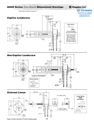 36000 Series: Can-Stack Dimensional Drawings 
Page numbers represent Printed Catalog pages 
130 
HaydonKerk Motion SolutionsTM • 
Captive Leadscrew 
Non-Captive Leadscrew 
External Linear 
Spline Options 
Spline is also avail-able 
with optional 
#4-40 UNC-2A or 
M3 x 0.5 threaded 
adapter as shown in 
non-captive drawing. 
Optional Adapters 
Sold  Serviced By: 
ELECTROMATE 
Toll Free Phone (877) SERVO98 
Toll Free Fax (877) SERV099 
www.electromate.com 
sales@electromate.com 
Linear Series 
36000 
Nut Option 
 