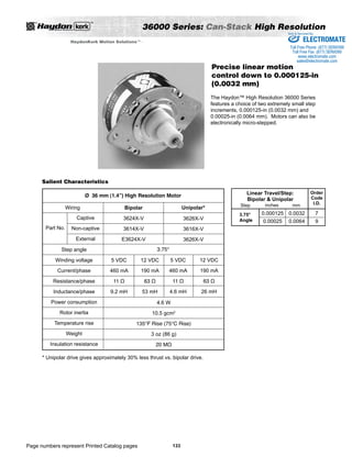 Bipolar Unipolar* 
Salient Characteristics 
Page numbers represent Printed Catalog pages 
36000 Series: Can-Stack High Resolution 
133 
HaydonKerk Motion SolutionsTM • 
Sold  Serviced By: 
Precise linear motion 
control down to 0.000125-in 
(0.0032 mm) 
The Haydon™ High Resolution 36000 Series 
features a choice of two extremely small step 
increments, 0.000125-in (0.0032 mm) and 
0.00025-in (0.0064 mm). Motors can also be 
electronically micro-stepped. 
Linear Travel/Step: 
Bipolar  Unipolar 
3.75° 
Angle 
inches mm 
0.000125 
0.00025 
Order 
Code 
I.D. 
79 
0.0032 
0.0064 
Step 
Ø 36 mm (1.4”) High Resolution Motor 
Captive 
Non-captive 
External 
Part No. 
3624X-V 
3614X-V 
E3624X-V 
5 VDC 
460 mA 
11 Ω 
9.2 mH 
4.6 W 
10.5 gcm2 
135°F Rise (75°C Rise) 
3 oz (86 g) 
20 MΩ 
Step angle 
Winding voltage 
Current/phase 
Resistance/phase 
Inductance/phase 
Power consumption 
Rotor inertia 
Temperature rise 
Weight 
Insulation resistance 
12 VDC 
190 mA 
63 Ω 
53 mH 
Wiring 
3626X-V 
3616X-V 
3626X-V 
5 VDC 
460 mA 
11 Ω 
4.6 mH 
12 VDC 
190 mA 
63 Ω 
26 mH 
3.75° 
* Unipolar drive gives approximately 30% less thrust vs. bipolar drive. 
ELECTROMATE 
Toll Free Phone (877) SERVO98 
Toll Free Fax (877) SERV099 
www.electromate.com 
sales@electromate.com 
 
