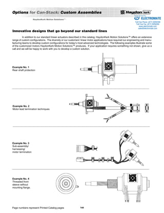 Options for Can-Stack: Custom Assemblies 
Innovative designs that go beyond our standard lines 
Page numbers represent Printed Catalog pages 
144 
HaydonKerk Motion SolutionsTM • 
Sold  Serviced By: 
In addition to our standard linear actuators described in this catalog, HaydonKerk Motion Solutions™ offers an extensive 
range of custom configurations. The diversity or our customers’ linear motor applications have required our engineering and manu-facturing 
teams to develop custom configurations for today’s most advanced technologies. The following examples illustrate some 
of the customized motors HaydonKerk Motion Solutions™ produces. If your application requires something not shown, give us a 
call and we will be happy to work with you to develop a custom solution. 
Example No. 1 
Rear shaft protection 
Example No. 2 
Motor lead termination techniques 
Example No. 3 
Sub-assembly/ 
harnessing/ 
motor termination 
Example No. 4 
Threaded front 
sleeve without 
mounting flange. 
ELECTROMATE 
Toll Free Phone (877) SERVO98 
Toll Free Fax (877) SERV099 
www.electromate.com 
sales@electromate.com 
