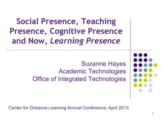 Social Presence, Teaching
Presence, Cognitive Presence
and Now, Learning Presence
Suzanne Hayes
Academic Technologies
Office of Integrated Technologies
1
Center for Distance Learning Annual Conference, April 2013
 