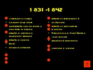 1 831 -1 842
• i p rofu gh i d i p arga         • ritratto d i fe rd inand o II
• il b agno d e lle ninfe          • la crociata
• au toritratto con u n le one e   • ritratto d i ale s s and ro
  u na tigre in gab b ia             m anzoni
• ritratto d i cris tina d i       • P rincip e s s a d i S ant’Antim o
  b e lgioios o trivu lzio         • i d u e fos cari
• ritratto d i ch op in            • ragazza m alinconica
• R u th
• od alis ca s d raiata            • s ans one e il le one
 