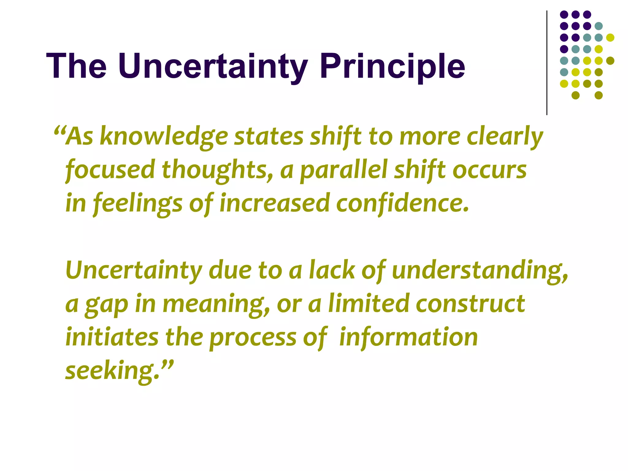 The Uncertainty Principle
“As knowledge states shift to more clearly
 focused thoughts, a parallel shift occurs
 in feelings of increased confidence.

 Uncertainty due to a lack of understanding,
 a gap in meaning, or a limited construct
 initiates the process of information
 seeking.”
 