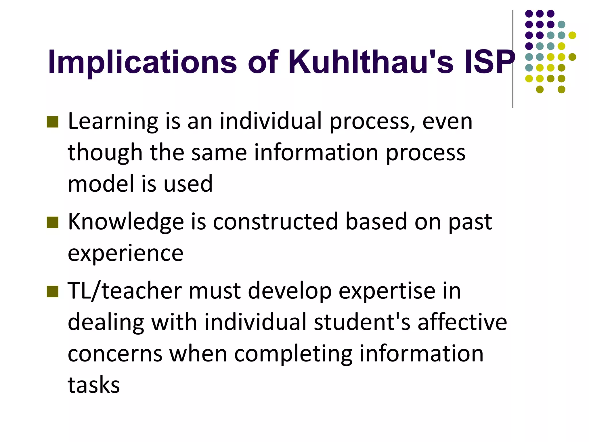 Implications of Kuhlthau's ISP
 Learning is an individual process, even
  though the same information process
  model is used
 Knowledge is constructed based on past
  experience
 TL/teacher must develop expertise in
  dealing with individual student's affective
  concerns when completing information
  tasks
 