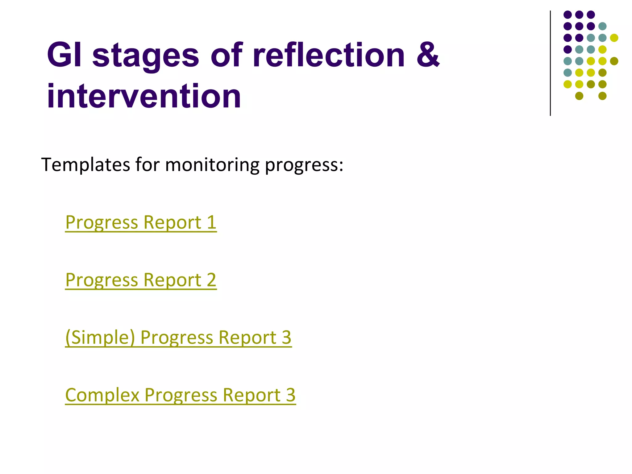 GI stages of reflection &
intervention
Templates for monitoring progress:

  Progress Report 1

  Progress Report 2

  (Simple) Progress Report 3

  Complex Progress Report 3
 