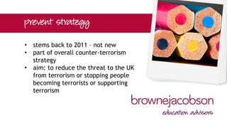 • sector-specific guidance for each
specified authority. Pages 10-13
relevant for schools (excluding higher
and further education)
 