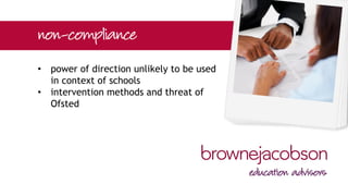 • this power is only used when other
options for engagement and
improvement have been exhausted and
only to ensure the implementation and
delivery of the prevent duty
 