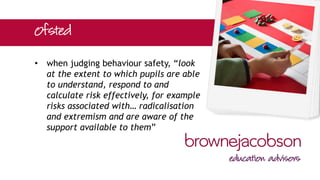 • already must have regard to school’s
“approach to keeping pupils safe from
the dangers of radicalisation and
extremism, and what is done when it
is suspected that pupils are vulnerable
to these”
 