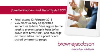 • promoting fundamental British values –
departmental advice (November 2014)
• keeping children safe in education
(March 2015)
• S.149 Equality Act 2010 – public sector
equality duty
 