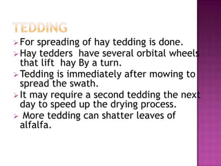  For spreading of hay tedding is done.
 Hay tedders have several orbital wheels
  that lift hay By a turn.
 Tedding is immediately after mowing to
  spread the swath.
 It may require a second tedding the next
  day to speed up the drying process.
 More tedding can shatter leaves of
  alfalfa.
 