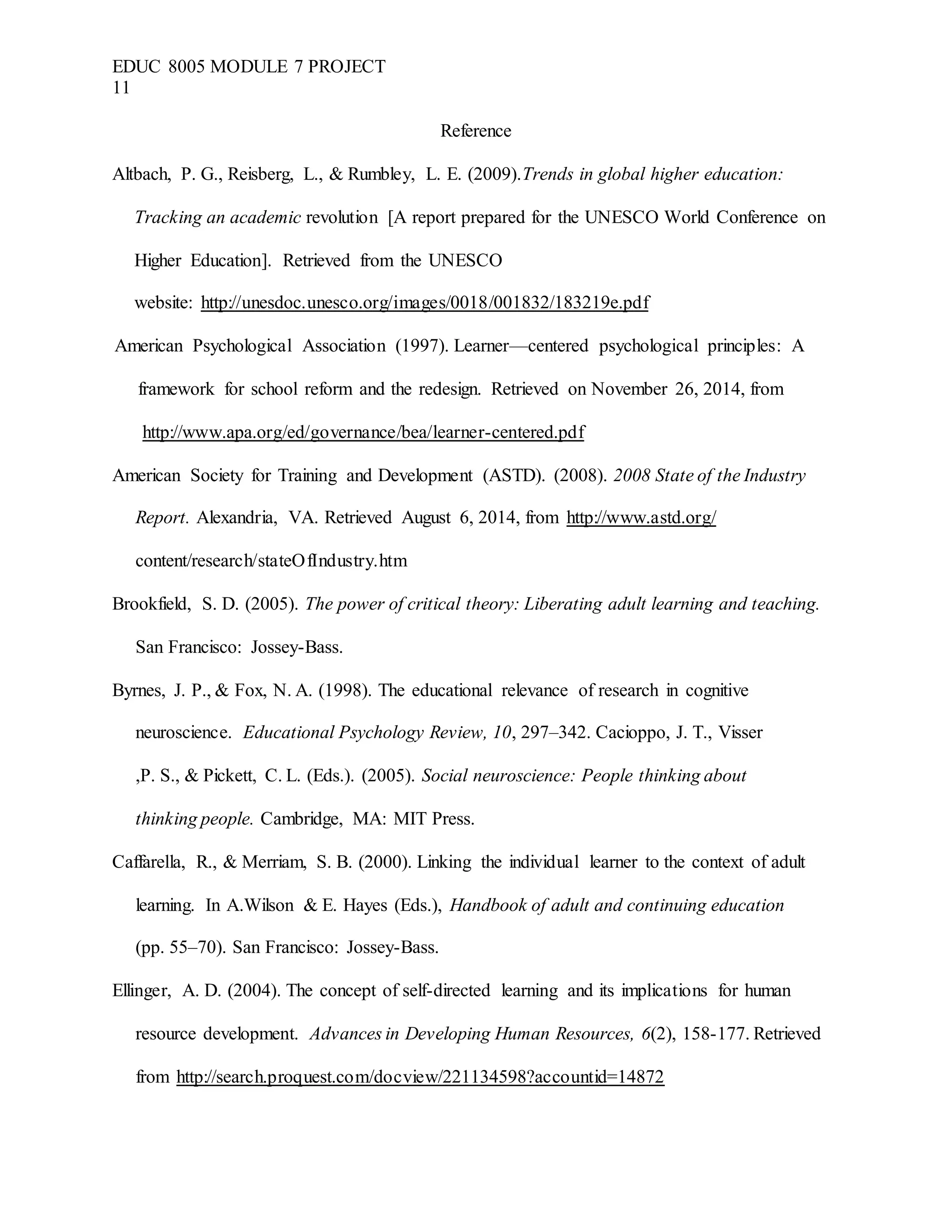 EDUC 8005 MODULE 7 PROJECT
11
Reference
Altbach, P. G., Reisberg, L., & Rumbley, L. E. (2009).Trends in global higher education:
Tracking an academic revolution [A report prepared for the UNESCO World Conference on
Higher Education]. Retrieved from the UNESCO
website: http://unesdoc.unesco.org/images/0018/001832/183219e.pdf
American Psychological Association (1997). Learner—centered psychological principles: A
framework for school reform and the redesign. Retrieved on November 26, 2014, from
http://www.apa.org/ed/governance/bea/learner-centered.pdf
American Society for Training and Development (ASTD). (2008). 2008 State of the Industry
Report. Alexandria, VA. Retrieved August 6, 2014, from http://www.astd.org/
content/research/stateOfIndustry.htm
Brookfield, S. D. (2005). The power of critical theory: Liberating adult learning and teaching.
San Francisco: Jossey-Bass.
Byrnes, J. P., & Fox, N. A. (1998). The educational relevance of research in cognitive
neuroscience. Educational Psychology Review, 10, 297–342. Cacioppo, J. T., Visser
,P. S., & Pickett, C. L. (Eds.). (2005). Social neuroscience: People thinking about
thinking people. Cambridge, MA: MIT Press.
Caffarella, R., & Merriam, S. B. (2000). Linking the individual learner to the context of adult
learning. In A.Wilson & E. Hayes (Eds.), Handbook of adult and continuing education
(pp. 55–70). San Francisco: Jossey-Bass.
Ellinger, A. D. (2004). The concept of self-directed learning and its implications for human
resource development. Advances in Developing Human Resources, 6(2), 158-177. Retrieved
from http://search.proquest.com/docview/221134598?accountid=14872
 