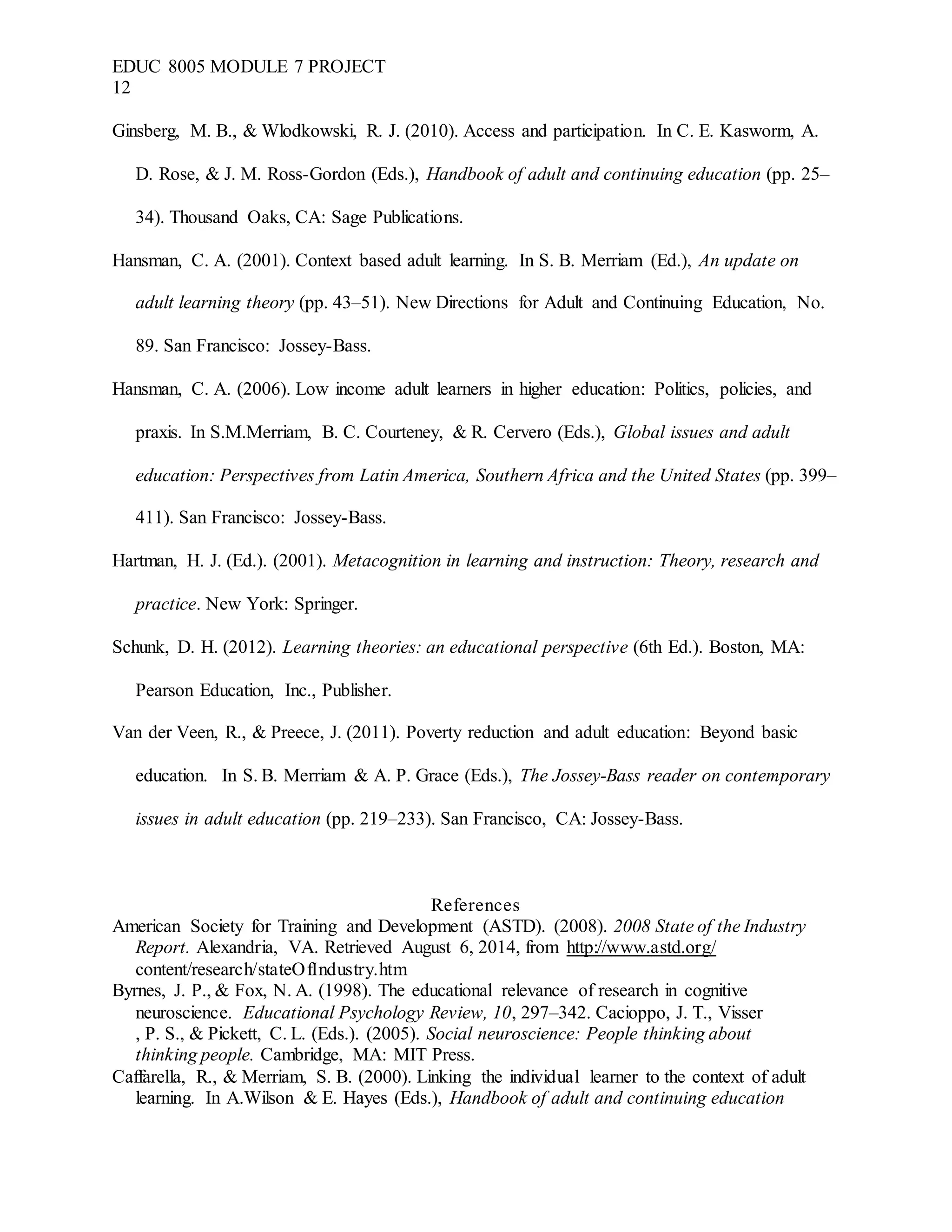 EDUC 8005 MODULE 7 PROJECT
12
Ginsberg, M. B., & Wlodkowski, R. J. (2010). Access and participation. In C. E. Kasworm, A.
D. Rose, & J. M. Ross-Gordon (Eds.), Handbook of adult and continuing education (pp. 25–
34). Thousand Oaks, CA: Sage Publications.
Hansman, C. A. (2001). Context based adult learning. In S. B. Merriam (Ed.), An update on
adult learning theory (pp. 43–51). New Directions for Adult and Continuing Education, No.
89. San Francisco: Jossey-Bass.
Hansman, C. A. (2006). Low income adult learners in higher education: Politics, policies, and
praxis. In S.M.Merriam, B. C. Courteney, & R. Cervero (Eds.), Global issues and adult
education: Perspectives from Latin America, Southern Africa and the United States (pp. 399–
411). San Francisco: Jossey-Bass.
Hartman, H. J. (Ed.). (2001). Metacognition in learning and instruction: Theory, research and
practice. New York: Springer.
Schunk, D. H. (2012). Learning theories: an educational perspective (6th Ed.). Boston, MA:
Pearson Education, Inc., Publisher.
Van der Veen, R., & Preece, J. (2011). Poverty reduction and adult education: Beyond basic
education. In S. B. Merriam & A. P. Grace (Eds.), The Jossey-Bass reader on contemporary
issues in adult education (pp. 219–233). San Francisco, CA: Jossey-Bass.
References
American Society for Training and Development (ASTD). (2008). 2008 State of the Industry
Report. Alexandria, VA. Retrieved August 6, 2014, from http://www.astd.org/
content/research/stateOfIndustry.htm
Byrnes, J. P., & Fox, N. A. (1998). The educational relevance of research in cognitive
neuroscience. Educational Psychology Review, 10, 297–342. Cacioppo, J. T., Visser
, P. S., & Pickett, C. L. (Eds.). (2005). Social neuroscience: People thinking about
thinking people. Cambridge, MA: MIT Press.
Caffarella, R., & Merriam, S. B. (2000). Linking the individual learner to the context of adult
learning. In A.Wilson & E. Hayes (Eds.), Handbook of adult and continuing education
 