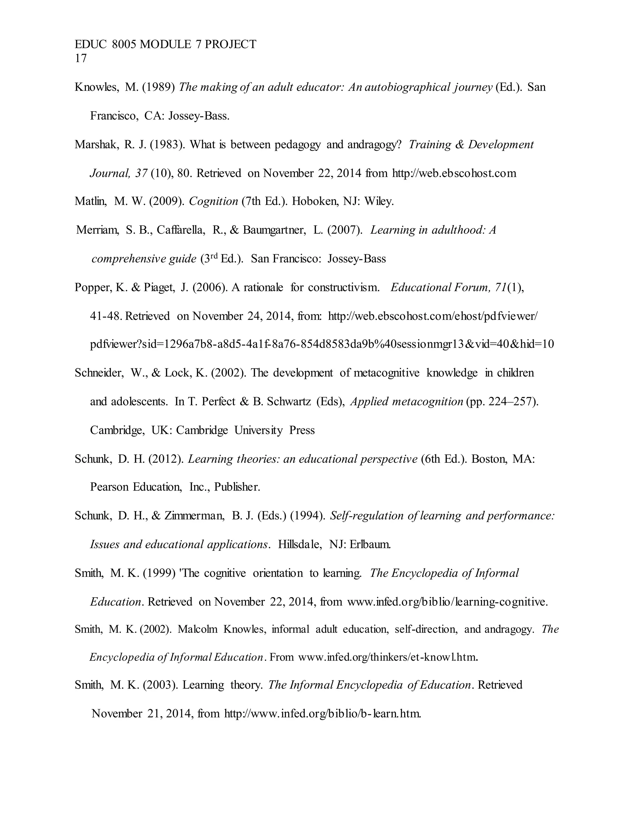 EDUC 8005 MODULE 7 PROJECT
17
Knowles, M. (1989) The making of an adult educator: An autobiographical journey (Ed.). San
Francisco, CA: Jossey-Bass.
Marshak, R. J. (1983). What is between pedagogy and andragogy? Training & Development
Journal, 37 (10), 80. Retrieved on November 22, 2014 from http://web.ebscohost.com
Matlin, M. W. (2009). Cognition (7th Ed.). Hoboken, NJ: Wiley.
Merriam, S. B., Caffarella, R., & Baumgartner, L. (2007). Learning in adulthood: A
comprehensive guide (3rd Ed.). San Francisco: Jossey-Bass
Popper, K. & Piaget, J. (2006). A rationale for constructivism. Educational Forum, 71(1),
41-48. Retrieved on November 24, 2014, from: http://web.ebscohost.com/ehost/pdfviewer/
pdfviewer?sid=1296a7b8-a8d5-4a1f-8a76-854d8583da9b%40sessionmgr13&vid=40&hid=10
Schneider, W., & Lock, K. (2002). The development of metacognitive knowledge in children
and adolescents. In T. Perfect & B. Schwartz (Eds), Applied metacognition (pp. 224–257).
Cambridge, UK: Cambridge University Press
Schunk, D. H. (2012). Learning theories: an educational perspective (6th Ed.). Boston, MA:
Pearson Education, Inc., Publisher.
Schunk, D. H., & Zimmerman, B. J. (Eds.) (1994). Self-regulation of learning and performance:
Issues and educational applications. Hillsdale, NJ: Erlbaum.
Smith, M. K. (1999) 'The cognitive orientation to learning. The Encyclopedia of Informal
Education. Retrieved on November 22, 2014, from www.infed.org/biblio/learning-cognitive.
Smith, M. K. (2002). Malcolm Knowles, informal adult education, self-direction, and andragogy. The
Encyclopedia of Informal Education. From www.infed.org/thinkers/et-knowl.htm.
Smith, M. K. (2003). Learning theory. The Informal Encyclopedia of Education. Retrieved
November 21, 2014, from http://www.infed.org/biblio/b-learn.htm.
 