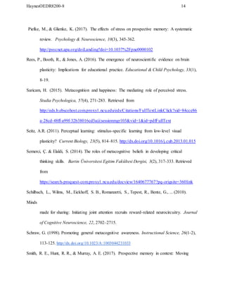 HaynesOEDR8200-8 14
Piefke, M., & Glienke, K. (2017). The effects of stress on prospective memory: A systematic
review. Psychology & Neuroscience, 10(3), 345-362.
http://psycnet.apa.org/doiLanding?doi=10.1037%2Fpne0000102
Rees, P., Booth, R., & Jones, A. (2016). The emergence of neuroscientific evidence on brain
plasticity: Implications for educational practice. Educational & Child Psychology, 33(1),
8-19.
Saricam, H. (2015). Metacognition and happiness: The mediating role of perceived stress.
Studia Psychologica, 57(4), 271-283. Retrieved from
http://eds.b.ebscohost.com.proxy1.ncu.edu/eds/Citations/FullTextLinkClick?sid=84cce86
a-28cd-48ff-a99f-32b38016cd3a@sessionmgr103&vid=1&id=pdfFullText
Seitz, A.R. (2011). Perceptual learning: stimulus-specific learning from low-level visual
plasticity? Current Biology, 23(5), 814–815. http://dx.doi.org/10.1016/j.cub.2013.01.015
Semerci, Ç. & Elaldi, S. (2014). The roles of metacognitive beliefs in developing critical
thinking skills. Bartin Üniversitesi Egitim Fakültesi Dergisi, 3(2), 317-333. Retrieved
from
https://search-proquest-com.proxy1.ncu.edu/docview/1640677767?pq-origsite=360link
Schilbach, L., Wilms, M., Eickhoff, S. B., Romanzetti, S., Tepest, R., Bente, G., ... (2010).
Minds
made for sharing: Initiating joint attention recruits reward-related neurocircuitry. Journal
of Cognitive Neuroscience, 22, 2702–2715.
Schraw, G. (1998). Promoting general metacognitive awareness. Instructional Science, 26(1-2),
113-125. http://dx.doi.org/10.1023/A:1003044231033
Smith, R. E., Hunt, R. R., & Murray, A. E. (2017). Prospective memory in context: Moving
 