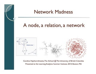 Network Madness
Caroline Haythornthwaite,The iSchool @ The University of British Columbia
Presented at the Learning Analytics Summer Institute, 2014, Boston, MA
A node, a relation, a network
 