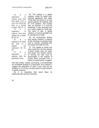 And you shall live among them                    mdA eige


   54.      It     is     55. The donkey is a gentle
imperative        to    creature, suited for guard duty,
                        naturally aggressive with dogs;
ransom your first
                        Torah does not permit it, nor any
born male, if he is     equine species, for livestock. See
your first child and    EJ 3:16 (bottom). The donkey
born to a Jewish        was not banned; if it must be
woman. Bm 18, 15        redeemed, it was obviously born
   55.      It     is   on a ranch subject to Torah law.
imperative        to    The lamb is also a gentle
redeem a first born     creature; it must be guarded and
donkey for a lamb.      is naturally shy of dogs.
Sh 34, 20                 56. An unransomed donkey
   56.      It     is   puts kosher livestock in pasture
imperative to break     at risk: Donkeys on grazing lands
                        tend to overeat, competing with
the neck of a
                        the sheep and cattle for food.
donkey           not
redeemed. Sh 34,          57. This applies to bread and
                        cake made from the five species
20
                        of grain: barley, oats, rye, spelt,
   57.      It     is   and wheat. The modern custom
imperative        to    of burning the hala must be
separate hala by        discouraged; in the majority of
pinching it away        homes which purchase from a
     X
                        bakery or supermarket, I suggest
that hala entails, instead, purchasing a non-perishable
for immediate donation to a food bank. As to bakers? I
suggest the separation of hala in your case be the
donation of 1% of your monthly output to soup kitchens
or similar missions.
   58. It is imperative that Israel bless its
leadership,both paid and voluntary.



24
 