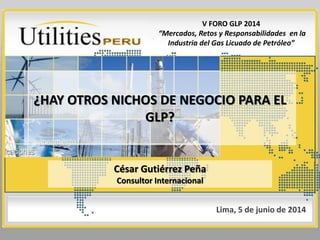 ¿HAY OTROS NICHOS DE NEGOCIO PARA EL
GLP?
César Gutiérrez Peña
Consultor Internacional
Lima, 5 de junio de 2014
V FORO GLP 2014
“Mercados, Retos y Responsabilidades en la
Industria del Gas Licuado de Petróleo”
 