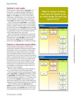 Solution 2: mod_suphp
In the quest for a faster solution, mod_suphp is our
second option. Created by Sebastian Marsching, it
provides a much-easier-to-configure alternative to
suexec. As with suexec, you end up running PHP as
a CGI process. Each CGI process runs as the user who
owns the website, this time through a setuid binary
named suphp. The model is fairly similar; see Figure 4.
There’s no denying that mod_suphp is a very popular
solution. It has been around for years, and the project
provides a helpful mailing list if you run into problems
and need help. There are mod_suphp packages available
for several popular Linux distributions too, which makes
it a good choice if you’re not comfortable compiling
and installing Apache from source code.
Again, the downsides are performance, and the limi-
tations that come from running PHP as a CGI program.
The good news is that mod_suphp is faster at running
PHP scripts than suexec, but it’s still substantially
slower than using mod_php with no additional security.
Solution 3: Alternative Apache MPMs
The two solutions we’ve looked at so far are both
mechanisms that Apache’s existing processing engines
(named MPMs, which is an acronym for multi-process-
ing modules) call. Apache itself remains unchanged;
we’re just adding extra bits of work for Apache to do.
These extra bits of work involve creating new processes,
which is computationally expensive. As a result, we get
the security that we seek, at the cost of performance
and capacity. This can be a bit of a problem in a com-
mercial environment; the business model for shared
hosting servers is normally built around cramming as
many websites as possible onto a single machine, to
keep costs as low as possible.
What if, instead of adding extra work for Apache to
do, we could change the work that Apache does?
This is the approach taken by two alternative Apache
MPMs: mpm-peruser and mpm-itk. Both MPMs are based
on mpm-prefork, the default MPM for Apache 2, which
mimics the behaviour of Apache 1.3. This makes it safe
to use them with mod_php, without having to worry
about multi-threading issues. Both of these MPMs fully
implement our desired security behaviour from Figure 2.
The main difference between mpm-peruser and
mpm-itk is that the former maintains a per-user pool of
Apache processes, whilst mpm-itk does not. One of the
main performance tricks that Apache uses is to create
FIGURE 3
FIGURE 4
“What if, instead of adding
extra work for Apache to do,
we could change the work that
Apache does?”
52 • php|architect • June 2008
Beyond Safe Mode
Licensed
to
19039
-
Danila
Pisarev
(danechka@spbnews.ru)
 