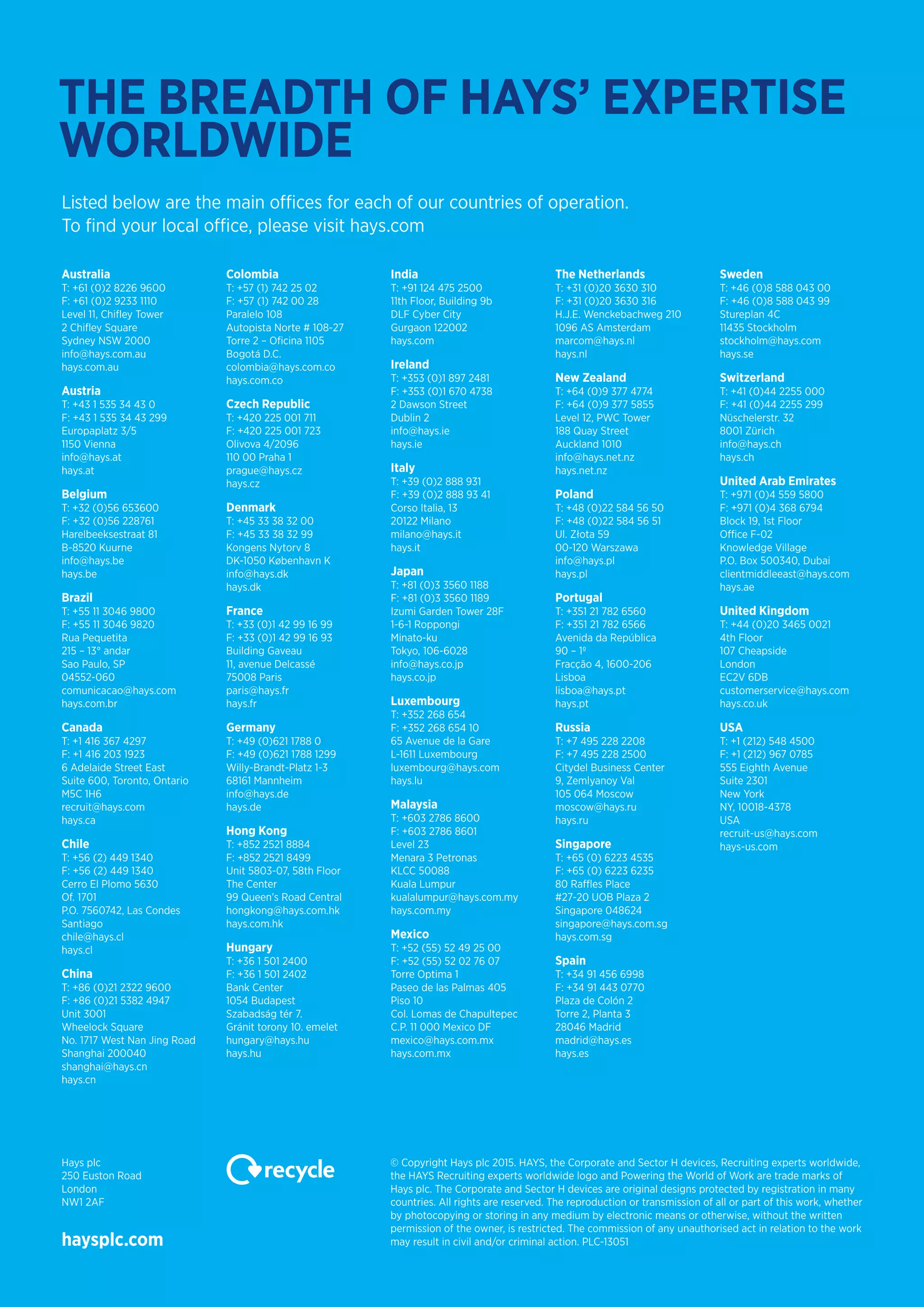 50 | The Hays Global Skills Index 2015
THE BREADTH OF HAYS’ EXPERTISE
WORLDWIDE
haysplc.com
© Copyright Hays plc 2015. HAYS, the Corporate and Sector H devices, Recruiting experts worldwide,
the HAYS Recruiting experts worldwide logo and Powering the World of Work are trade marks of
Hays plc. The Corporate and Sector H devices are original designs protected by registration in many
countries. All rights are reserved. The reproduction or transmission of all or part of this work, whether
by photocopying or storing in any medium by electronic means or otherwise, without the written
permission of the owner, is restricted. The commission of any unauthorised act in relation to the work
may result in civil and/or criminal action. PLC-13051
Hays plc
250 Euston Road
London
NW1 2AF
Listed below are the main offices for each of our countries of operation.
To find your local office, please visit hays.com
Australia
T: +61 (0)2 8226 9600
F: +61 (0)2 9233 1110
Level 11, Chifley Tower
2 Chifley Square
Sydney NSW 2000
info@hays.com.au
hays.com.au
Austria
T: +43 1 535 34 43 0
F: +43 1 535 34 43 299
Europaplatz 3/5
1150 Vienna
info@hays.at
hays.at
Belgium
T: +32 (0)56 653600
F: +32 (0)56 228761
Harelbeeksestraat 81
B-8520 Kuurne
info@hays.be
hays.be
Brazil
T: +55 11 3046 9800
F: +55 11 3046 9820
Rua Pequetita
215 – 13° andar
Sao Paulo, SP
04552-060
comunicacao@hays.com
hays.com.br
Canada
T: +1 416 367 4297
F: +1 416 203 1923
6 Adelaide Street East
Suite 600, Toronto, Ontario
M5C 1H6
recruit@hays.com
hays.ca
Chile
T: +56 (2) 449 1340
F: +56 (2) 449 1340
Cerro El Plomo 5630
Of. 1701
P.O. 7560742, Las Condes
Santiago
chile@hays.cl
hays.cl
China
T: +86 (0)21 2322 9600
F: +86 (0)21 5382 4947
Unit 3001
Wheelock Square
No. 1717 West Nan Jing Road
Shanghai 200040
shanghai@hays.cn
hays.cn
Colombia
T: +57 (1) 742 25 02
F: +57 (1) 742 00 28
Paralelo 108
Autopista Norte # 108-27
Torre 2 – Oficina 1105
Bogotá D.C.
colombia@hays.com.co
hays.com.co
Czech Republic
T: +420 225 001 711
F: +420 225 001 723
Olivova 4/2096
110 00 Praha 1
prague@hays.cz
hays.cz
Denmark
T: +45 33 38 32 00
F: +45 33 38 32 99
Kongens Nytorv 8
DK-1050 København K
info@hays.dk
hays.dk
France
T: +33 (0)1 42 99 16 99
F: +33 (0)1 42 99 16 93
Building Gaveau
11, avenue Delcassé
75008 Paris
paris@hays.fr
hays.fr
Germany
T: +49 (0)621 1788 0
F: +49 (0)621 1788 1299
Willy-Brandt-Platz 1-3
68161 Mannheim
info@hays.de
hays.de
Hong Kong
T: +852 2521 8884
F: +852 2521 8499
Unit 5803-07, 58th Floor
The Center
99 Queen’s Road Central
hongkong@hays.com.hk
hays.com.hk
Hungary
T: +36 1 501 2400
F: +36 1 501 2402
Bank Center
1054 Budapest
Szabadság tér 7.
Gránit torony 10. emelet
hungary@hays.hu
hays.hu
India
T: +91 124 475 2500
11th Floor, Building 9b
DLF Cyber City
Gurgaon 122002
hays.com
Ireland
T: +353 (0)1 897 2481
F: +353 (0)1 670 4738
2 Dawson Street
Dublin 2
info@hays.ie
hays.ie
Italy
T: +39 (0)2 888 931
F: +39 (0)2 888 93 41
Corso Italia, 13
20122 Milano
milano@hays.it
hays.it
Japan
T: +81 (0)3 3560 1188
F: +81 (0)3 3560 1189
Izumi Garden Tower 28F
1-6-1 Roppongi
Minato-ku
Tokyo, 106-6028
info@hays.co.jp
hays.co.jp
Luxembourg
T: +352 268 654
F: +352 268 654 10
65 Avenue de la Gare
L-1611 Luxembourg
luxembourg@hays.com
hays.lu
Malaysia
T: +603 2786 8600
F: +603 2786 8601
Level 23
Menara 3 Petronas
KLCC 50088
Kuala Lumpur
kualalumpur@hays.com.my
hays.com.my
Mexico
T: +52 (55) 52 49 25 00
F: +52 (55) 52 02 76 07
Torre Optima 1
Paseo de las Palmas 405
Piso 10
Col. Lomas de Chapultepec
C.P. 11 000 Mexico DF
mexico@hays.com.mx
hays.com.mx
The Netherlands
T: +31 (0)20 3630 310
F: +31 (0)20 3630 316
H.J.E. Wenckebachweg 210
1096 AS Amsterdam
marcom@hays.nl
hays.nl
New Zealand
T: +64 (0)9 377 4774
F: +64 (0)9 377 5855
Level 12, PWC Tower
188 Quay Street
Auckland 1010
info@hays.net.nz
hays.net.nz
Poland
T: +48 (0)22 584 56 50
F: +48 (0)22 584 56 51
Ul. Złota 59
00-120 Warszawa
info@hays.pl
hays.pl
Portugal
T: +351 21 782 6560
F: +351 21 782 6566
Avenida da República
90 – 1º
Fracção 4, 1600-206
Lisboa
lisboa@hays.pt
hays.pt
Russia
T: +7 495 228 2208
F: +7 495 228 2500
Citydel Business Center
9, Zemlyanoy Val
105 064 Moscow
moscow@hays.ru
hays.ru
Singapore
T: +65 (0) 6223 4535
F: +65 (0) 6223 6235
80 Raffles Place
#27-20 UOB Plaza 2
Singapore 048624
singapore@hays.com.sg
hays.com.sg
Spain
T: +34 91 456 6998
F: +34 91 443 0770
Plaza de Colón 2
Torre 2, Planta 3
28046 Madrid
madrid@hays.es
hays.es
Sweden
T: +46 (0)8 588 043 00
F: +46 (0)8 588 043 99
Stureplan 4C
11435 Stockholm
stockholm@hays.com
hays.se
Switzerland
T: +41 (0)44 2255 000
F: +41 (0)44 2255 299
Nüschelerstr. 32
8001 Zürich
info@hays.ch
hays.ch
United Arab Emirates
T: +971 (0)4 559 5800
F: +971 (0)4 368 6794
Block 19, 1st Floor
Office F-02
Knowledge Village
P.O. Box 500340, Dubai
clientmiddleeast@hays.com
hays.ae
United Kingdom
T: +44 (0)20 3465 0021
4th Floor
107 Cheapside
London
EC2V 6DB
customerservice@hays.com
hays.co.uk
USA
T: +1 (212) 548 4500
F: +1 (212) 967 0785
555 Eighth Avenue
Suite 2301
New York
NY, 10018-4378
USA
recruit-us@hays.com
hays-us.com
 