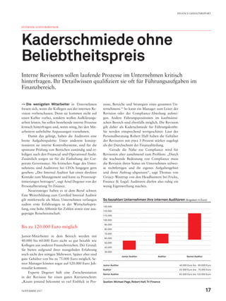 —— Die wenigsten Mitarbeiter in Unternehmen
freuen sich, wenn die Kollegen aus der internen Re-
vision vorbeischauen. Denn sie kommen nicht auf
einen Kaffee vorbei, sondern wollen Aufklärungs-
arbeit leisten. Sie sollen bestehende interne Prozesse
kritisch hinterfragen und, wenn nötig, bei den Mit-
arbeitern unbeliebte Anpassungen vornehmen.
Damit das gelingt, haben die Auditoren eine
breite Aufgabenpalette: Unter anderem konzep-
tionieren sie interne Kontrollsysteme, sind für die
spontane Prüfung von Bereichen zuständig und er-
ledigen auch den Financial und Operational Audit.
Zusätzlich sorgen sie für die Einhaltung der Cor-
porate Governance. Als kritisches Auge des Unter-
nehmens sind Auditoren bei CFOs hingegen gern
gesehen: „Der Internal Auditor hat einen direkten
Kontakt zum Management und kann zu Prozessop-
timierungen beitragen“, sagt Arnd Degener von der
Personalberatung Tri Finance.
Neueinsteiger haben es in dem Beruf schwer.
Eine Weiterbildung zum Certified Internal Auditor
gilt mittlerweile als Muss. Unternehmen verlangen
zudem erste Erfahrungen in der Wirtschaftsprü-
fung, eine hohe Affinität für Zahlen sowie eine aus-
geprägte Reisebereitschaft.
Bis zu 120.000 Euro möglich
Junior-Mitarbeiter in dem Bereich werden mit
40.000 bis 60.000 Euro nicht so gut bezahlt wie
Kollegen aus anderen Finanzbereichen. Der Grund:
Sie bieten aufgrund ihrer mangelnden Erfahrung
noch nicht den nötigen Mehrwert. Später aber sind
gute Gehälter von bis zu 75.000 Euro möglich. Se-
nior Manager können sogar auf 120.000 Euro Jah-
ressalär kommen.
Experte Degener hält eine Zwischenstation
in der Revision für einen guten Karriereschritt:
„Kaum jemand bekommt so viel Einblick in Pro-
zesse, Bereiche und Strategien eines gesamten Un-
ternehmens.“ So kann ein Manager zum Leiter der
Revision oder der Compliance-Abteilung aufstei-
gen. Andere Führungspositionen im kaufmänni-
schen Bereich sind ebenfalls möglich. Die Revision
gilt daher als Kaderschmiede für Führungskräfte.
Sie werden entsprechend wertgeschätzt: Laut der
Personalberatung Robert Half haben die Gehälter
der Revisoren mit etwa 3 Prozent stärker zugelegt
als der Durchschnitt der Finanzabteilung.
Gerade die Nähe zur Compliance wird für
Revisoren aber zunehmend zum Problem: „Durch
die wachsende Bedeutung von Compliance muss
die Revision ihren Status im Unternehmen teilwei-
se rechtfertigen und ihr eigenes Aufgabengebiet
und ihren Auftrag abgrenzen“, sagt Thomas von
Ciriacy-Wantrup von den Headhuntern bei Fricke,
Finance & Legal. Auditoren dürfen also ruhig ein
wenig Eigenwerbung machen.
INTERNER AUDITOR/REVISOR
Kaderschmiede ohne
Beliebtheitspreis
Interne Revisoren sollen laufende Prozesse im Unternehmen kritisch
hinterfragen. Ihr Detailwissen qualifiziert sie oft für Führungsaufgaben im
Finanzbereich.
So bezahlen Unternehmen ihre internen Auditoren (Angaben in Euro)
130.000
120.000
110.000
100.000
 90.000
 80.000
 70.000
 60.000
 50.000
 40.000
 30.000
Junior Auditor Auditor Senior Auditor
Junior Auditor 40.000 Euro bis  60.000 Euro
Auditor 53.500 Euro bis  75.000 Euro
Senior Auditor 62.500 Euro bis 120.000 Euro
Quellen:Michael Page, Robert Half,Tri Finance
FINANCE-GEHALTSREPORT
17November 2017
 