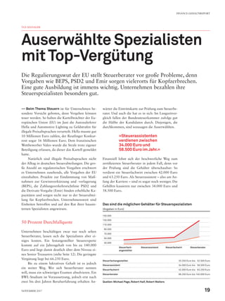 —— Beim Thema Steuern ist für Unternehmen be-
sondere Vorsicht geboten, denn Vergehen können
teuer werden. So haben die Kartellwächter der Eu-
ropäischen Union (EU) im Juni die Autozulieferer
Hella und Automotive Lighting zu Geldstrafen für
illegale Preisabsprachen verurteilt. Hella musste gut
10 Millionen Euro zahlen, der Reutlinger Konkur-
rent sogar 16 Millionen Euro. Dem französischen
Wettbewerber Valeo wurde die Strafe trotz eigener
Beteiligung erlassen, da dieser das Kartell gemeldet
hatte.
Natürlich sind illegale Preisabsprachen nicht
der Alltag in deutschen Steuerabteilungen. Die gro-
ße Anzahl an regulatorischen Vorgaben erschwert
es Unternehmen zusehends, alle Vorgaben der EU
einzuhalten. Projekte zur Eindämmung von Maß-
nahmen zur Gewinnverkürzung und -verlagerung
(BEPS), die Zahlungsverkehrsrichtlinie PSD2 und
die Derivate-Vorgabe (Emir) binden erhebliche Ka-
pazitäten und sorgen nicht nur in der Steuerabtei-
lung für Kopfzerbrechen. Unternehmensweit sind
Einheiten betroffen und auf den Rat ihrer hausin-
ternen Spezialisten angewiesen.
50 Prozent Durchfallquote
Unternehmen beschäftigen zwar nur noch selten
Steuerberater, lassen sich die Spezialisten aber ei-
niges kosten. Ein festangestellter Steuerexperte
kommt auf ein Jahresgehalt von bis zu 140.000
Euro und liegt damit deutlich über dem Niveau ei-
nes Senior Treasurers (siehe Seite 12). Die geringste
Vergütung liegt bei 66.250 Euro.
Bis zu einem lukrativen Gehalt ist es jedoch
ein weiter Weg. Wer sich Steuerberater nennen
will, muss ein schwieriges Examen absolvieren. Ein
BWL-Studium ist Voraussetzung, jedoch erst nach
zwei bis drei Jahren Berufserfahrung erhalten An-
wärter die Eintrittskarte zur Prüfung zum Steuerbe-
rater. Und auch die hat es in sich: Im Langzeitver-
gleich fallen der Bundessteuerkammer zufolge gut
die Hälfte der Kandidaten durch. Diejenigen, die
durchkommen, sind sozusagen die Auserwählten.
Finanziell lohnt sich der beschwerliche Weg zum
zertifizierten Steuerberater in jedem Fall, denn vor
der Prüfung sind die Gehälter überschaubar: So
verdient ein Steuerfachwirt zwischen 42.000 Euro
und 63.250 Euro. Als Steuerassistent – also am An-
fang der Karriere – sind es sogar noch weniger. Die
Gehilfen kassieren nur zwischen 34.000 Euro und
58.500 Euro.
TAX MANAGER
Auserwählte Spezialisten
mitTop-Vergütung
Die Regulierungswut der EU stellt Steuerberater vor große Probleme, denn
Vorgaben wie BEPS, PSD2 und Emir sorgen vielerorts für Kopfzerbrechen.
Eine gute Ausbildung ist immens wichtig. Unternehmen bezahlen ihre
Steuerspezialisten besonders gut.
Steuerfachangestellter 33.250 Euro bis  52.500 Euro
Steuerassistent 34.000 Euro bis  58.500 Euro
Steuerfachwirt 42.000 Euro bis  63.250 Euro
Steuerberater 66.250 Euro bis 140.000 Euro
Quellen:Michael Page, Robert Half, Robert Walters
Das sind die möglichen Gehälter für Steuerspezialisten
(Angaben in Euro)
150.000
130.000
110.000
 90.000
 70.000
 50.000
 30.000
Steuerfach­
angestellter
Steuerassistent Steuerfachwirt Steuerberater
»Steuerassistenten
verdienen zwischen
34.000 Euro und
58.500 Euro im Jahr.«
FINANCE-GEHALTSREPORT
19November 2017
 