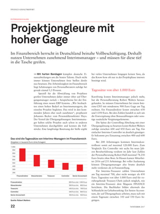 —— Mit harten Bandagen kämpfen deutsche Fi-
nanzabteilungen um die besten Talente. Doch nicht
immer können Unternehmen freie Stellen direkt
neu besetzen. Die Arbeitslosigkeit im Finanzbereich
liegt Schätzungen von Personalberatern zufolge bei
gerade einmal 1,5 Prozent.
Speziell für die Abwicklung von Projekten
greifen Unternehmen daher immer öfter auf Über-
gangsmanager zurück – beispielweise bei der Ein-
führung eines neuen ERP-Systems. „Wir beobach-
ten einen hohen Bedarf an Interimsmanagern, die
einzelne Projekte begleiten. Das wird in den kom-
menden Jahren eher noch zunehmen“, prophezeit
Johannes Becker vom Personaldienstleister Hays.
Der Vorteil der Übergangslösungen: Interimsmana-
ger haben solche Projekte auch schon in anderen
Unternehmen durchgeführt und kennen die Fall-
stricke. Eine langfristige Besetzung der Stelle ergibt
bei vielen Unternehmen hingegen keinen Sinn, da
das Know-how oft nur in der Projektphase intensiv
benötigt wird.
Tagessätze von über 1.000 Euro
Kurzfristig kosten Interimsmanager jedoch mehr,
hat die Personalberatung Robert Walters heraus-
gefunden. So müssen Unternehmen bei einem Inte-
rims-CFO mit mindestens 900 Euro Gage am Tag
rechnen. Ein Finanzdirektor kostet zwischen 650
und 1.050 Euro. Bei den Zahlen handelt es sich um
die Festvergütung ohne Bonuszahlungen oder sons-
tige zusätzliche Vergütungselemente.
Die Spitze der Controlling-Abteilung mit einer
Übergangslösung zu besetzen kostet Robert Walters
zufolge zwischen 600 und 850 Euro am Tag. Ein
einfacher Interims-Controller ist deutlich günstiger:
Er bekommt pro Einsatztag zwischen 400 und 600
Euro.
Bei 200 Arbeitstagen kommen Interimskon-
trolleure somit auf maximal 120.000 Euro. Zum
Vergleich: Ein Controller mit sechs bis neun Jah-
ren Berufserfahrung verdient im Jahr laut Zahlen
der Personalberatung Robert Half maximal 78.250
Euro brutto ohne Boni. In Hessen kamen Mitarbei-
ter 2016 auf 253 Arbeitstage. Bei voller Auslastung
können Übergangsmanager also brutto deutlich
mehr verdienen als in Festanstellung.
Für Interims-Treasurer zahlen Unternehmen
am Tag maximal 700, aber nicht weniger als 450
Euro. Tagessätze von über 1.000 Euro sind für vo-
rübergehende Treasury-Chefs jedoch möglich, wie
ein Interims-Treasurer dem Magazin FINANCE
berichtete. Die Buchhalter bilden abermals das
Schlusslicht im Gehaltsranking: Ein Senior Accoun-
tant, der auf Übergangsbasis arbeitet, muss sich mit
einem Tagessatz zwischen 350 und 550 Euro be-
gnügen.
INTERIMSMANAGER
Projektjongleure mit
hoher Gage
Im Finanzbereich herrscht in Deutschland beinahe Vollbeschäftigung. Deshalb
nutzen Unternehmen zunehmend Interimsmanager – und müssen für diese tief
in die Tasche greifen.
Das sind die Tagessätze von Interims-Managern im Finanzbereich
(Angaben in tausend Euro ohne Zulagen)
1.050
950
850
750
650
550
450
350
250
Finanzdirektor Steuerberater Treasurer Controller Senior Accountant
Finanzdirektor 650 Euro bis 1.050 Euro
Steuerberater 500 Euro bis  850 Euro
Treasurer 450 Euro bis  700 Euro
Controller 400 Euro bis  600 Euro
Senior Accountant 350 Euro bis  550 Euro
Quelle:Robert Walters
FINANCE-GEHALTSREPORT
22 November 2017
 