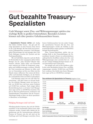 Cash Manager sowie Zins- und Währungsmanager spielen eine
wichtige Rolle in großen Unternehmen. Besonders Letztere
können sich über positive Gehaltsaussichten freuen.
—— Spezialisierte Finanzer dürfen sich häufig
über höhere Gehälter freuen – das gilt auch für
einige Spezialisten aus dem Treasury. Einer davon
ist der Cash Manager: Bei ihm laufen die konzern-
weiten Zahlungsströme zusammen. Cash Manager
geben Überweisungen frei und managen über Cash
Pools Zahlungen zwischen der Zentrale und den
Tochtergesellschaften.
Wo viel Geld fließt, steigt aber auch das Risiko
für Kriminalität: In den vergangenen Jahren haben
Betrüger mit der „Fake President“-Masche hohe
Summen erbeutet. Dabei haben sich Kriminelle
unter anderem per E-Mail als Vorgesetzter ausge-
geben und Geldüberweisungen veranlasst. Obwohl
der Trick inzwischen gut bekannt ist, fallen nach
wie vor Unternehmen auf ihn rein. Dabei wird die
Masche immer raffinierter: Nun nutzen die Krimi-
nellen auch künstliche Intelligenz, um die Stimme
des vermeintlichen Chefs am Telefon nachzuahmen.
Cash Manager tragen also eine sehr hohe Ver-
antwortung – und diese lassen sie sich gut bezah-
len. Ein einfacher Manager startet mit einem Ge-
halt von 42.000 Euro und kann seinen Verdienst
auf 85.000 Euro ausbauen. Nach einigen Jahren
Berufserfahrung kann er als Senior Cash Manager
dann sogar auf bis zu 120.000 Euro kommen. Das
gilt vor allem für große Konzerne, in kleineren und
mittelständischen Unternehmen sind die Treasury-
Abteilungen häufig zu klein, um derart spezialisier-
te Mitarbeiter zu beschäftigen.
Hedging-Strategen sind viel wert
Allerdings glauben Experten, dass sich die Gehalts-
aussichten in den kommenden Jahren kaum mehr
verbessern werden. Gründe dafür dürften die Di-
gitalisierung und die Automatisierung zahlreicher
Prozesse im Treasury sein, die sich auch auf die
Nachfrage nach Cash Managern auswirken. Etwas
bessere Gehaltsaussichten hat eine andere Gruppe
der spezialisierten Treasurer: Bei den Zins- und
Währungsmanagern werden die Gehälter in den
kommenden Jahren steigen, glauben von FINANCE
befragte Personalexperten.
Diese Treasury-Spezialisten spielen eine ge-
wichtige Rolle in den Finanzabteilungen der Un-
ternehmen: Gerade in Zeiten von unberechenbaren
außenpolitischen Konflikten nehmen die Zins- und
Währungsmanager einen zentralen Part ein – und
mit der richtigen Hedging-Strategie können sie ih-
ren Unternehmen bares Geld sparen.
Das spiegelt sich auch in den Gehältern wider:
In den ersten Berufsjahren können Zins- und Wäh-
rungsmanager zwischen 50.000 Euro und 90.000
Euro verdienen. Das Gehalt eines Senior Managers
kann sogar auf bis zu 130.000 Euro ansteigen.
SPEZIALISTEN IM TREASURY
Gut bezahlteTreasury-
Spezialisten
Das verdienen die Spezialisten im Treasury (Angaben in Euro)
135.000
125.000
115.000
105.000
95.000
85.000
75.000
65.000
55.000
45.000
35.000
Cash Manager Zins- und
Währungsmanager
Senior
Cash Manager
Senior Zins- und
Währungsmanager
Cash Manager 42.000 Euro bis  85.000 Euro
Zins- und Währungsmanager 50.000 Euro bis  90.000 Euro
Senior Cash Manager 85.000 Euro bis 120.000 Euro
Senior Zins- und Währungsmanager 90.000 Euro bis 130.000 Euro
Quelle:Compensation Partner, Fricke Finance & Legal, Robert Walters
FINANCE-GEHALTSREPORT
13November 2019
 