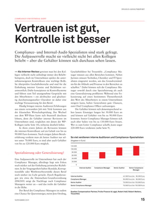 COMPLIANCE UND INTERNAL AUDIT
Vertrauen ist gut,
Kontrolle ist besser
Compliance- und Internal-Audit-Spezialisten sind stark gefragt.
Die Aufpasserrolle macht sie vielleicht nicht bei allen Kollegen
beliebt – aber die Gehälter können sich durchaus sehen lassen.
—— Als Interner Revisor gewinnt man bei den Kol-
legen vielleicht nicht unbedingt immer den Beliebt-
heitspreis, doch im Unternehmen spielen die unter-
nehmenseigenen Kontrolleure eine wichtige Rolle.
Sie überprüfen Geschäftsbereiche und sind für die
Einhaltung interner Gesetze und Richtlinien ver-
antwortlich. Dafür konzipieren sie Kontrollsysteme
und führen zum Teil unangenehme Gespräche mit
den Mitarbeitern – ein akribischer und gleichzei-
tig durchsetzungsstarker Charakter ist daher eine
wichtige Voraussetzung für den Beruf.
Häufig bringen interne Auditoren Erfahrungen
aus einem verwandten Job mit: Viele kommen aus
der klassischen Wirtschaftsprüfung. Der Wechsel
aus dem WP-Haus kann sich finanziell durchaus
lohnen, denn die Gehälter interner Revisoren im
Unternehmen sind, verglichen mit denen der WP-
Kollegen (siehe Seite 18), teilweise deutlich höher.
In ihren ersten Jahren als Revisoren können
die internen Kontrolleure auf ein Gehalt von bis zu
90.000 Euro kommen. Nach einigen Jahren Berufs-
erfahrung verdient man als Senior Auditor nur sel-
ten unter 70.000 Euro, es sind aber auch Gehälter
von bis zu 120.000 Euro möglich.
Spezialisierung oder Generalisierung?
Eine Aufpasserrolle im Unternehmen hat auch der
Compliance Manager, allerdings liegt sein Fokus
noch stärker auf der Einhaltung juristischer Richtli-
nien. In der Vergangenheit haben Skandale, Korrup-
tionsfälle oder Wettbewerbsverstöße diesen Beruf
noch stärker ins Licht gerückt. Durch Regulierun-
gen wie etwa die Datenschutz-Grundverordnung
(DSGVO) steigt die Nachfrage nach Compliance
Managern weiter an – und das treibt die Gehälter
in die Höhe.
Der Beruf des Compliance Managers ist zudem
eine Chance für Quereinsteiger, meint Jens Oerding,
Geschäftsführer bei Treuenfels: „Compliance Ma-
nager müssen aus allen Bereichen kommen. Neben
Juristen müssen Techniker, Chemiker und IT-Spezi-
alisten eingesetzt werden, um das Grundverständ-
nis für die Abläufe und Prozesse in den Bereichen zu
schaffen.“ Dabei können sich die Compliance Ma-
nager sowohl durch eine Spezialisierung als auch
eine Generalisierung profilieren: Während eine Fo-
kussierung auf einen bestimmten Themenbereich
den Wert des Mitarbeiters in einem Unternehmen
steigern kann, haben Generalisten gute Chancen,
zum Chief Compliance Officer aufzusteigen.
Die Gehälter können sich dementsprechend se-
hen lassen: Einsteiger fangen bei 50.000 Euro an
und können auf Gehälter von bis zu 90.000 Euro
kommen. Senior Compliance Manager können sich
auch über Saläre von bis zu 130.000 Euro freuen.
Wer es zum Leiter Compliance schafft, kann sogar
220.000 Euro verdienen (siehe Seite 9).
So viel verdienen interne Auditoren und Compliance-Spezialisten
(Angaben in Euro)
120.000
100.000
80.000
60.000
40.000
20.000
0
Internal Auditor Compliance Manager Senior Auditor Senior Compliance
Manager
Internal Auditor 42.300 Euro bis  90.000 Euro
Compliance Manager 50.000 Euro bis  90.000 Euro
Senior Auditor 70.000 Euro bis 120.000 Euro
Senior Compliance Manager 70.000 Euro bis 130.000 Euro
Quellen:Compensation Partner, Fricke Finance & Legal, Robert Half, Robert Walters,
Treuenfels
FINANCE-GEHALTSREPORT
15November 2019
 