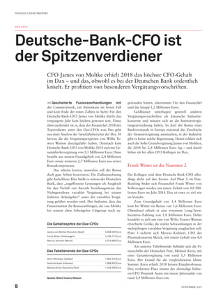 DAX-CFOS
Deutsche-Bank-CFO ist
der Spitzenverdiener
CFO James von Moltke erhielt 2018 das höchste CFO-Gehalt
im Dax – und das, obwohl es bei der Deutschen Bank ordentlich
kriselt. Er profitiert von besonderen Vergütungsvorschriften.
—— Gescheiterte Fusionsverhandlungen mit
der Commerzbank, ein Aktienkurs im freien Fall
und kein Ende der roten Zahlen in Sicht: Für den
Deutsche-Bank-CFO James von Moltke dürfte das
vergangene Jahr kein leichtes gewesen sein. Umso
überraschender ist es, dass der Finanzchef 2018 der
Topverdiener unter den Dax-CFOs war. Das geht
aus einer Analyse der Geschäftsberichte der Dax 30
hervor, die die Vergütungsexperten von Willis To-
wers Watson durchgeführt haben. Demnach kam
Deutsche-Bank-CFO von Moltke 2018 auf eine Ge-
samtdirektvergütung von 5,1 Millionen Euro. Diese
besteht aus seinem Grundgehalt von 2,4 Millionen
Euro sowie weiteren 2,7 Millionen Euro aus seiner
Bonuskomponente.
Das scheint kurios, immerhin soll der Bonus
doch gute Arbeit honorieren. Die Zuflussrechnung
gibt Aufschluss: Hier heißt es seitens der Deutschen
Bank, dass „zugeflossene Leistungen als Ausgleich
für den Verfall von Awards beziehungsweise das
Nichtgewähren variabler Vergütung bei seinem
früheren Arbeitgeber“ unter der variablen Vergü-
tung geführt worden sind. Das bedeutet, dass das
Finanz­institut die Bonuszahlungen, die von Moltke
bei seinem alten Arbeitgeber Citigroup noch zu-
gestanden hätten, übernimmt: Für den Finanzchef
sind das knapp 1,2 Millionen Euro.
Geldhäuser unterliegen generell anderen
Vergütungsvorschriften als klassische Industrie-
konzerne und müssen sich an die Institutsvergü-
tungsverordnung halten. So darf der Bonus eines
Bankvorstands in Europa maximal das Zweifache
der Gesamtvergütung ausmachen, in der Industrie
gibt es keine solche Begrenzung. Damit erklärt sich
auch die hohe Grundvergütung James von Moltkes,
die 2018 bei 2,4 Millionen Euro lag – und damit
höher als bei allen CFO-Kollegen im Dax.
Frank Witter ist die Nummer 2
Die Kollegen sind dem Deutsche-Bank-CFO aller-
dings dicht auf den Fersen. Auf Platz 2 im Dax-
Ranking findet sich Finanzchef Frank Witter von
Volkswagen wieder, mit einem Gehalt von 4,8 Mil-
lionen Euro im Jahr 2018. Das ist etwa so viel wie
im Vorjahr.
Zum Grundgehalt von 1,4 Millionen Euro
kam bei Witter ein Bonus von 1,6 Millionen Euro.
Obendrauf erhielt er eine erwartete Long-Term-
Incentive-Zahlung von 1,8 Millionen Euro. Dabei
handelte es sich um eine von Willis Towers Watson
errechnete Größe, die starke Schwankungen in der
mehrjährigen variablen Vergütung ausgleichen soll.
Platz 3 sicherte sich Marcus Kuhnert, CFO des
Pharmakonzerns Merck, mit einem Gehalt von 4,4
Millionen Euro.
Am unteren Tabellenende befindet sich die Fi-
nanzchefin der Deutschen Post, Melanie Kreis, mit
einer Gesamtvergütung von rund 1,5 Millionen
Euro. Der Grund für die vergleichsweise kleine
Summe: Kreis erhielt 2018 keinen Einjahresbonus.
Den vorletzten Platz nimmt der ehemalige Infine-
on-CFO Dominik Asam mit einem Jahressalär von
rund 1,9 Millionen Euro ein.
Die Gehaltsspitze der Dax-CFOs
James von Moltke (Deutsche Bank) 5.098.003 Euro
Frank Witter (Volkswagen) 4.758.147 Euro
Marcus Kuhnert (Merck) 4.373.800 Euro
Das Tabellenende der Dax-CFOs
Harm Ohlmeyer (Adidas) 1.994.524 Euro
Dominik Asam (Infineon) 1.868.635 Euro
Melanie Kreis (Deutsche Post) 1.528.205 Euro
Quelle:Willis Towers Watson
FINANCE-GEHALTSREPORT
8 November 2019
 