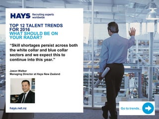 TOP 12 TALENT TRENDS
FOR 2016
WHAT SHOULD BE ON
YOUR RADAR?
“Skill shortages persist across both
the white collar and blue collar
sectors and we expect this to
continue into this year.”
Jason Walker
Managing Director at Hays New Zealand
hays.net.nz Go to trends…
 