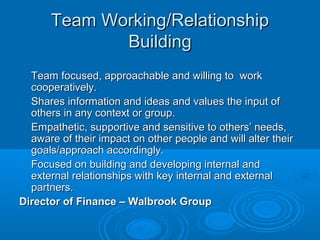 Team Working/RelationshipTeam Working/Relationship
BuildingBuilding
Team focused, approachable and willing to workTeam focused, approachable and willing to work
cooperatively.cooperatively.
Shares information and ideas and values the input ofShares information and ideas and values the input of
others in any context or group.others in any context or group.
Empathetic, supportive and sensitive to others’ needs,Empathetic, supportive and sensitive to others’ needs,
aware of their impact on other people and will alter theiraware of their impact on other people and will alter their
goals/approach accordingly.goals/approach accordingly.
Focused on building and developing internal andFocused on building and developing internal and
external relationships with key internal and externalexternal relationships with key internal and external
partners.partners.
Director of Finance – Walbrook GroupDirector of Finance – Walbrook Group
 