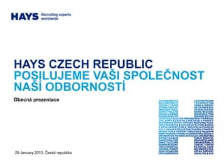 HAYS CZECH REPUBLIC
POSILUJEME VAŠI SPOLEČNOST
NAŠÍ ODBORNOSTÍ
Obecná prezentace




29 January 2013, Česká republika
 