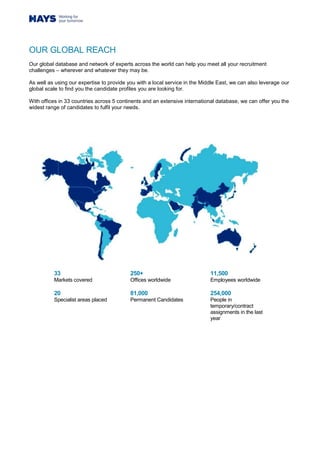 OUR GLOBAL REACH
Our global database and network of experts across the world can help you meet all your recruitment
challenges – wherever and whatever they may be.
As well as using our expertise to provide you with a local service in the Middle East, we can also leverage our
global scale to find you the candidate profiles you are looking for.
With offices in 33 countries across 5 continents and an extensive international database, we can offer you the
widest range of candidates to fulfil your needs.
33
Markets covered
250+
Offices worldwide
11,500
Employees worldwide
20
Specialist areas placed
81,000
Permanent Candidates
254,000
People in
temporary/contract
assignments in the last
year
 