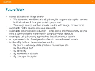 | 22
Future Work
• Include captions for image search
• We have tried word2vec and skip-thoughts to generate caption vectors
but it didn’t result in appreciable improvement
• Two stage search, caption search + refine with image, or vice versa
• Investigate metric spaces indexing approach
• Investigate dimensionality reduction – since curse of dimensionality seems
to be a common issue mentioned in computer vision literature
• Investigate using indexing approaches that allow tensor search
• Incorporate outputs of multiple classifiers to create faceted search
functionality that can be overlaid on results
• By genre – radiology, data graphics, microscopy, etc.
• By anatomical part
• By specialty
• By keywords in caption
• By concepts in caption
 