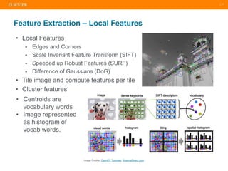 | 7
• Local Features
 Edges and Corners
 Scale Invariant Feature Transform (SIFT)
 Speeded up Robust Features (SURF)
 Difference of Gaussians (DoG)
• Tile image and compute features per tile
• Cluster features
Feature Extraction – Local Features
• Centroids are
vocabulary words
• Image represented
as histogram of
vocab words.
Image Credits: OpenCV Tutorials, ScienceDirect.com
 