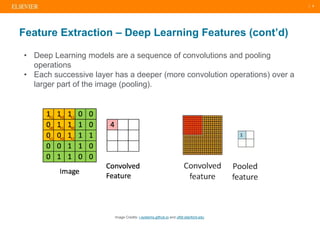 | 9
Feature Extraction – Deep Learning Features (cont’d)
Image Credits: i-systems.github.io and ufldl.stanford.edu
• Deep Learning models are a sequence of convolutions and pooling
operations
• Each successive layer has a deeper (more convolution operations) over a
larger part of the image (pooling).
 