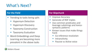 What’s Next?
 Trending to tasks being split:
 Hypernym Detection
 Hypernym Discovery
 Taxonomy Construction
 Taxonomy Evaluation
 Word-Embeddings and Deep
Learning are becoming more
prevalent in the above tasks
 Improve Accuracy
 Generate of RDF triples
 Use common predicates and
leverage substrings and lexico-
syntactic patterns
 Known issues that make things
hard:
 Co-reference resolution
 Intransitivity
 Passive vs Active voice
For the Field For Skipchunk
 