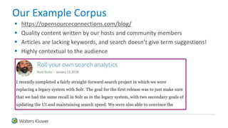 Our Example Corpus
 https://opensourceconnections.com/blog/
 Quality content written by our hosts and community members
 Articles are lacking keywords, and search doesn’t give term suggestions!
 Highly contextual to the audience
 