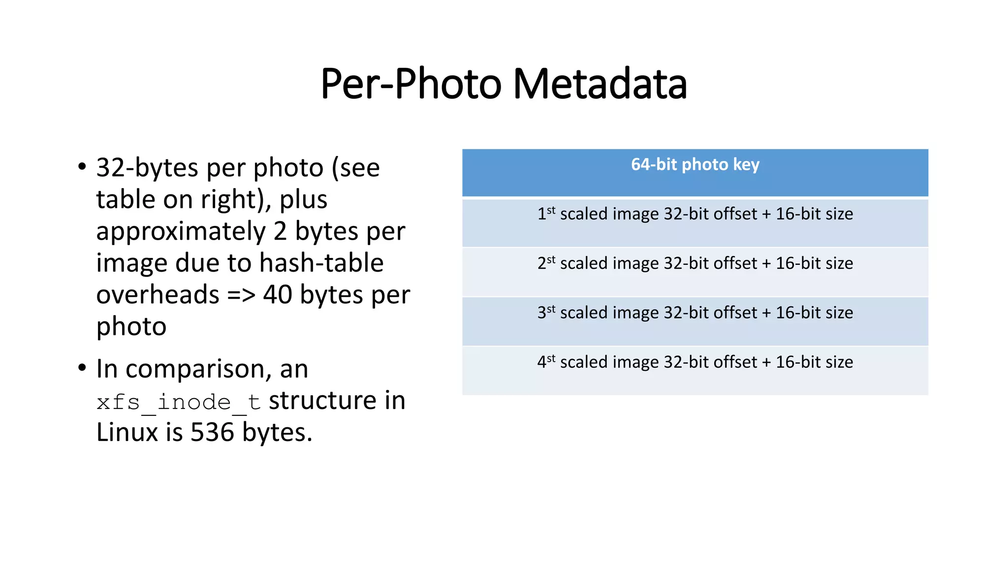 Per-Photo Metadata
• 32-bytes per photo (see
table on right), plus
approximately 2 bytes per
image due to hash-table
overheads => 40 bytes per
photo
• In comparison, an
xfs_inode_t structure in
Linux is 536 bytes.
64-bit photo key
1st scaled image 32-bit offset + 16-bit size
2st scaled image 32-bit offset + 16-bit size
3st scaled image 32-bit offset + 16-bit size
4st scaled image 32-bit offset + 16-bit size
 