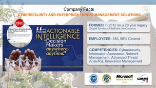 COMPANY PROPRIETARY INFORMATION 1
We offer mission critical cybersecurity and
enterprise threat management solutions
that provide real-time actionable intelligence
for complex, high consequence decisions
Our mission
 