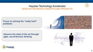 3 
Haystax Technology Accelerator 
DEVELOP ADVANCED CONCEPTS AND PRODUCTS 
Focus on solving the “really hard” 
problems 
Advance the state of the art through 
agile, out-of-the-box thinking 
 