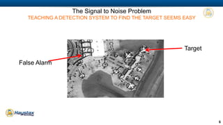 6 
The Signal to Noise Problem 
TEACHING A DETECTION SYSTEM TO FIND THE TARGET SEEMS EASY 
Target 
False Alarm 
 
